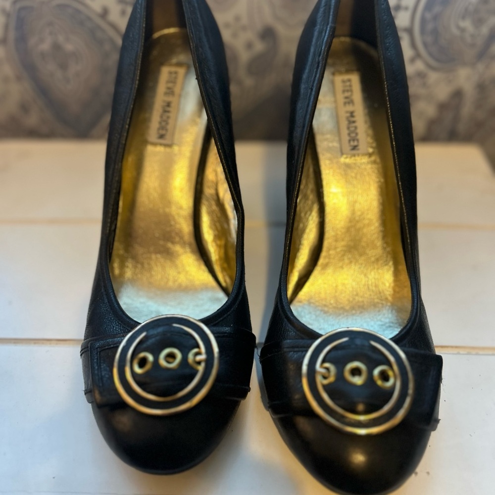 Steve Madden Black Heels with Gold Buckle